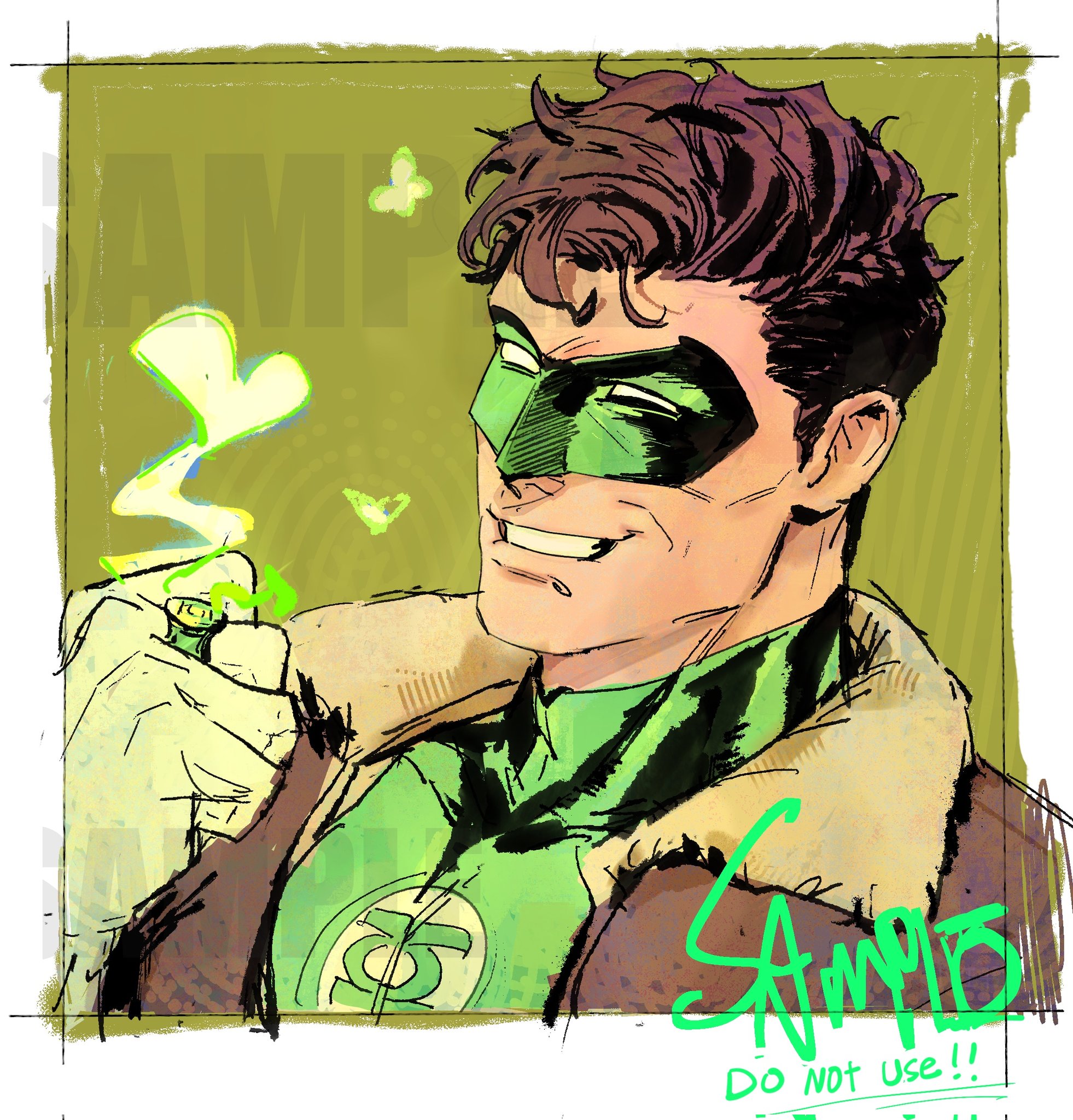 afra816, green lantern, hal jordan, dc comics, green lantern (series), highres, black bodysuit, bodysuit, bomber jacket, brown hair, domino mask, eye mask, gloves, green bodysuit, green lantern corps, jacket, large pectorals, male focus, mask, multicolored bodysuit, muscular, muscular male, pectorals, sample watermark, short hair, smile, superhero costume, two-tone bodysuit, watermark, white gloves