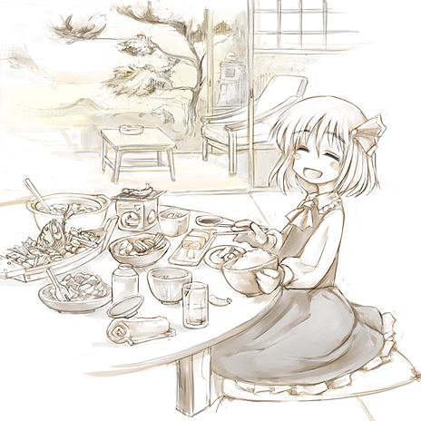 cervus, rumia, embodiment of scarlet devil, touhou, lowres, 1girl, blush stickers, buffet, chair, chopsticks, female focus, food, hair ribbon, monochrome, ribbon, sepia, short hair, sitting, smile, solo
