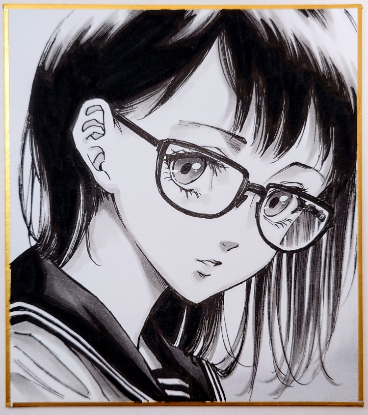 original, commentary request, photo (medium), traditional media, 1girl, expressionless, eyelashes, glasses, greyscale, hair behind ear, looking at viewer, makomako1061, medium hair, monochrome, parted lips, portrait, sailor collar, shikishi, solo