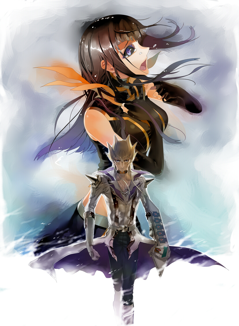 oomii (f.style), carly nagisa, jack atlas, yu-gi-oh!, yu-gi-oh! 5d's, bad id, bad pixiv id, 00s, 1boy, 1girl, black sclera, breasts, colored sclera, dark signer, elbow gloves, gloves, long hair, manly, sad, tears