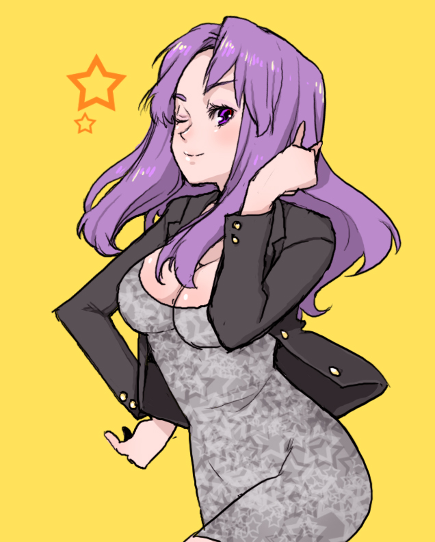 kari (kakko k), kagami mira, tokimeki memorial, tokimeki memorial 1, bad id, bad pixiv id, 1girl, blush, breasts, cleavage, dress, female focus, jacket, large breasts, long hair, one eye closed, purple eyes, purple hair, solo, wink, yellow background