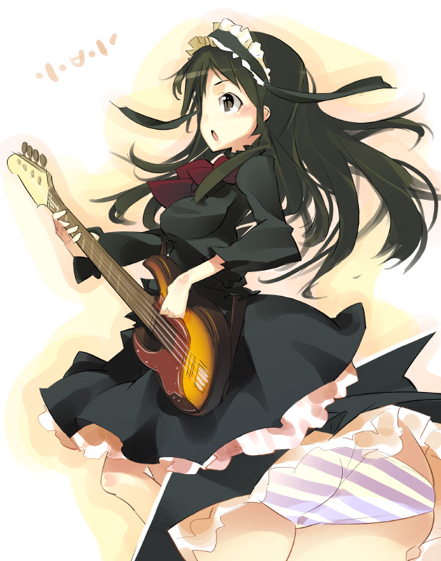super zombie, suupaa zonbi, akiyama mio, fuwafuwa time, k-on!, 00s, 1girl, ass, bass guitar, black hair, blush, brown eyes, dress, female focus, gothic lolita, green hair, guitar, hairband, instrument, lolita fashion, long hair, panties, pantyshot, solo, striped clothes, striped panties, underwear