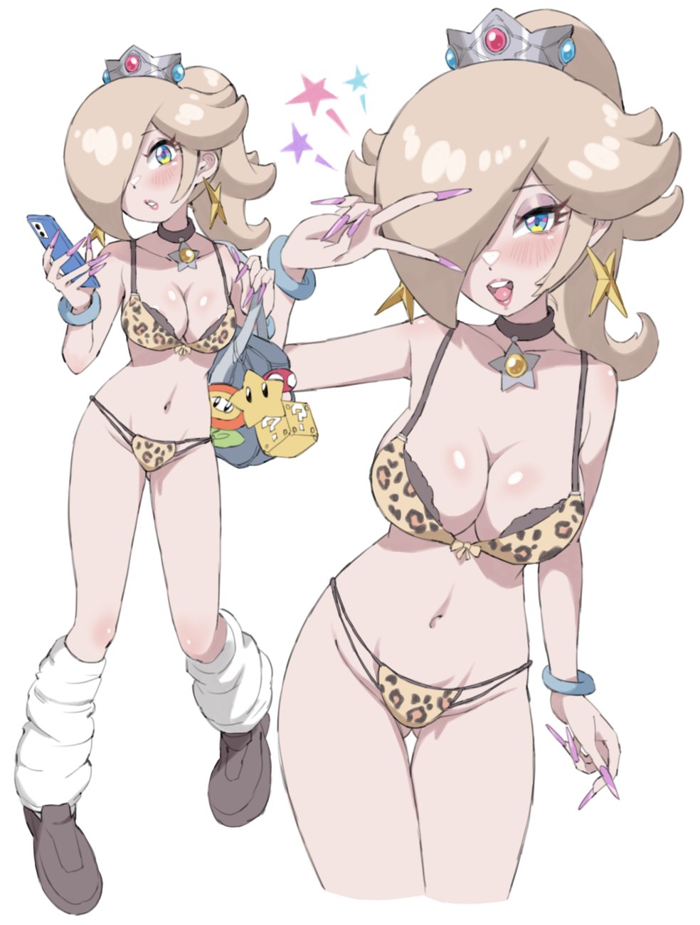 toggy keiichi, rosalina, mario (series), nintendo, highres, 1girl, animal print, blonde hair, blue eyes, blush, bra, breasts, brown shoes, choker, crown, earrings, fingernails, hair over one eye, jewelry, leg warmers, leopard print, leopard print bra, leopard print panties, long fingernails, medium breasts, multiple views, navel, open mouth, panties, pendant choker, ponytail, print bra, print panties, shoes, star (symbol), star earrings, underwear, v