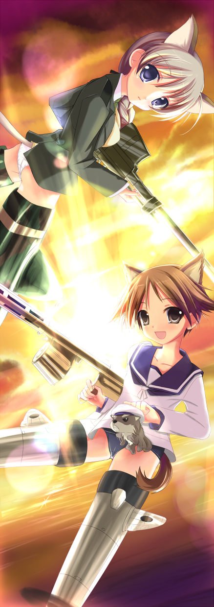 mycstea, lynette bishop, miyafuji yoshika, strike witches, world witches series, highres, 00s, 2girls, animal ears, blonde hair, blue eyes, brown eyes, brown hair, gun, multiple girls, panties, striker unit, tail, underwear, weapon