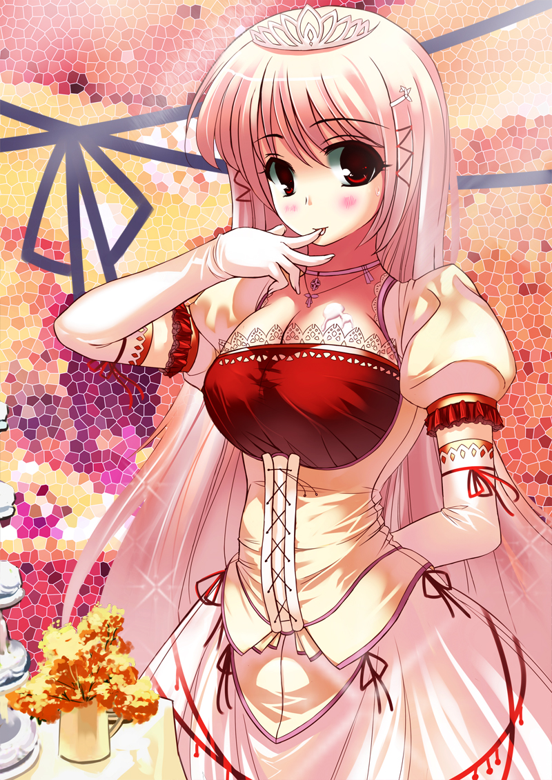 miyazakisoul, original, bad id, bad pixiv id, 1girl, breasts, cleavage, corset, crown, eating, elbow gloves, female focus, flower, food, gloves, long hair, pink hair, red eyes, ribbon, solo