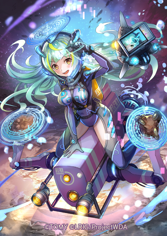 hokuyuu, wixoss, official art, 1girl, aqua hair, blonde hair, copyright notice, halo, leotard, long hair, looking at viewer, multicolored hair, open mouth, protactinium (wixoss), purple leotard, purple thighhighs, smile, solo, streaked hair, thighhighs, yellow eyes