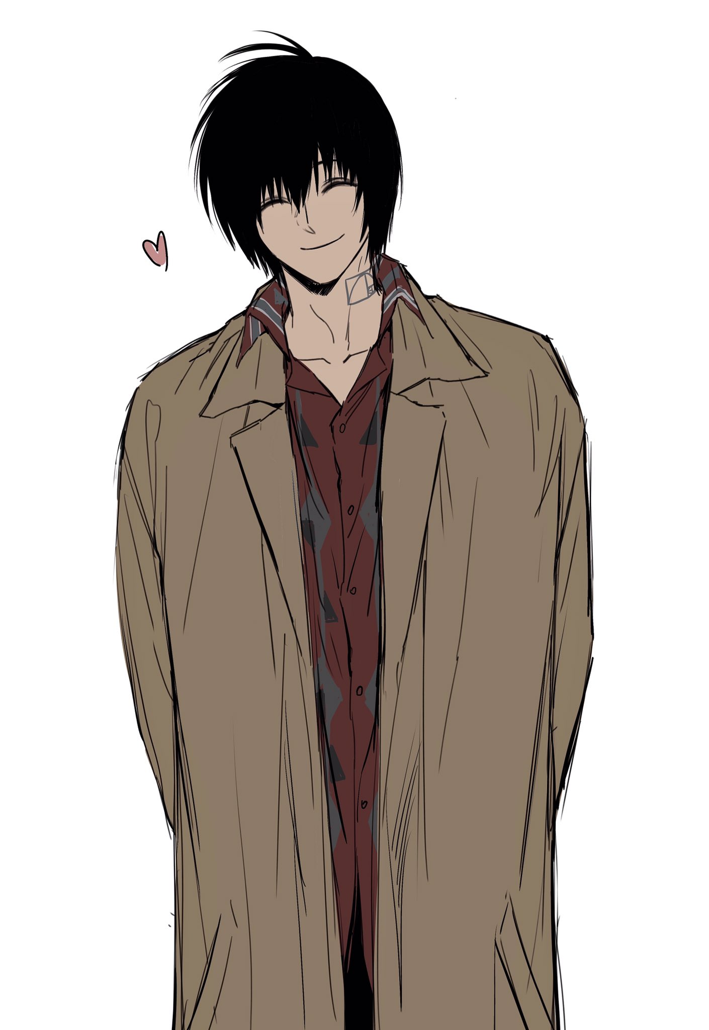 sso s, nagumo (sakamoto days), sakamoto days, commentary request, highres, korean commentary, 1boy, arms behind back, black hair, brown coat, closed eyes, closed mouth, coat, collared shirt, facing viewer, fibonacci sequence tattoo, hair between eyes, heart, male focus, shirt, short hair, simple background, smile, solo, white background