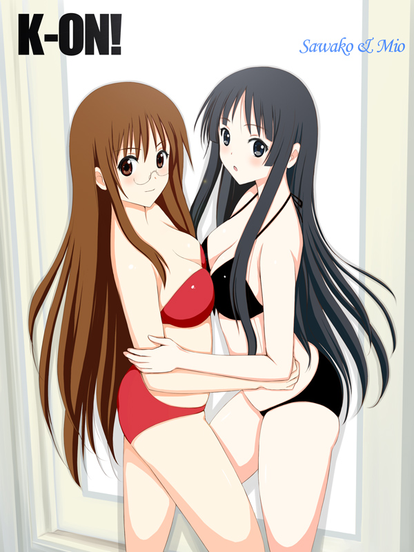 niwatori kokezou, akiyama mio, yamanaka sawako, k-on!, arm grab, 00s, 2girls, bikini, black bikini, black hair, blush, breast press, breasts, brown hair, cleavage, glasses, hand on own hip, happy, hip focus, large breasts, long hair, multiple girls, smile, strapless, strapless bikini, swimsuit, symmetrical docking, very long hair, yuri