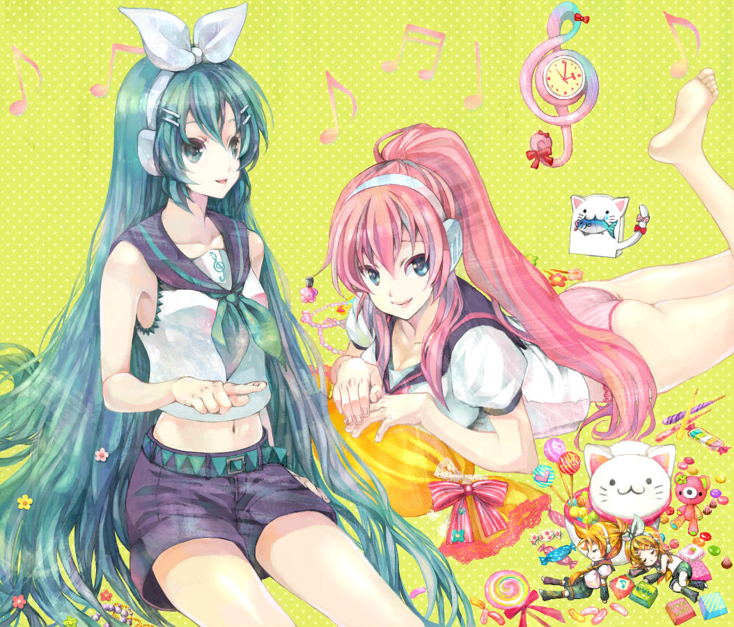 anko kinako, hatsune miku, kagamine len, kagamine rin, megurine luka, apollo chocolate, chupa chups, vocaloid, bad id, bad pixiv id, 2girls, :3, alternate costume, alternate hairstyle, ass, bad anatomy, bad hands, barefoot, blue eyes, blue hair, candy, chocolate, cosplay, feet, food, green background, hair ornament, hair ribbon, hairclip, jelly bean, kagamine rin (cosplay), lollipop, long hair, lying, midriff, mini person, miniboy, minigirl, multiple girls, musical note, navel, no pants, on stomach, panties, pink hair, pointing, polka dot, polka dot background, ponytail, poorly drawn, ribbon, shorts, sitting, smile, sweets, swirl lollipop, underwear, very long hair