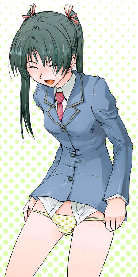 10ro, original, bad id, bad pixiv id, bottomless, green hair, happy, necktie, no pants, panties, panty pull, polka dot, polka dot panties, school uniform, smile, solo, twintails, underwear, undressing