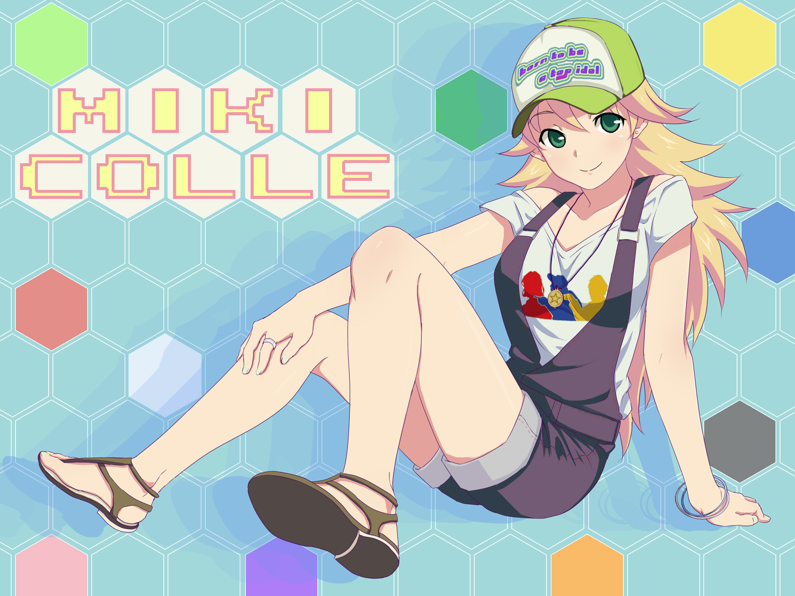 tokita arumi, hoshii miki, idolmaster, idolmaster (classic), highres, 00s, 1girl, arm support, blonde hair, breasts, feet, female focus, full body, green eyes, hat, large breasts, legs, long hair, nail polish, no socks, overalls, sandals, sitting, smile, solo, toenail polish, toenails, toes