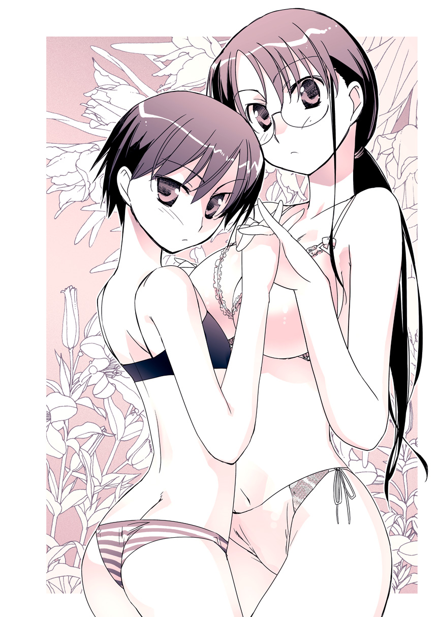 ishida akira, shiritsu sairyou koukou chounouryoku-bu, highres, 2girls, ass, blush, bra, breasts, flat chest, glasses, holding hands, kasuga ikiri, large breasts, lingerie, long hair, looking back, monochrome, multiple girls, panties, ponytail, short hair, side-tie panties, sports bra, striped clothes, striped panties, sugawa fumio, underwear, underwear only