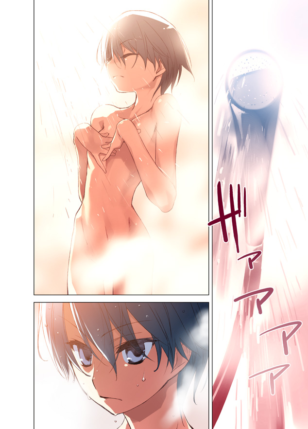 ishida akira, shiritsu sairyou koukou chounouryoku-bu, eyebrows, 1girl, androgynous, blue eyes, blue hair, closed eyes, flat chest, nude, reverse trap, serious, short hair, showering, skinny, standing, steam, sugawa fumio, wet