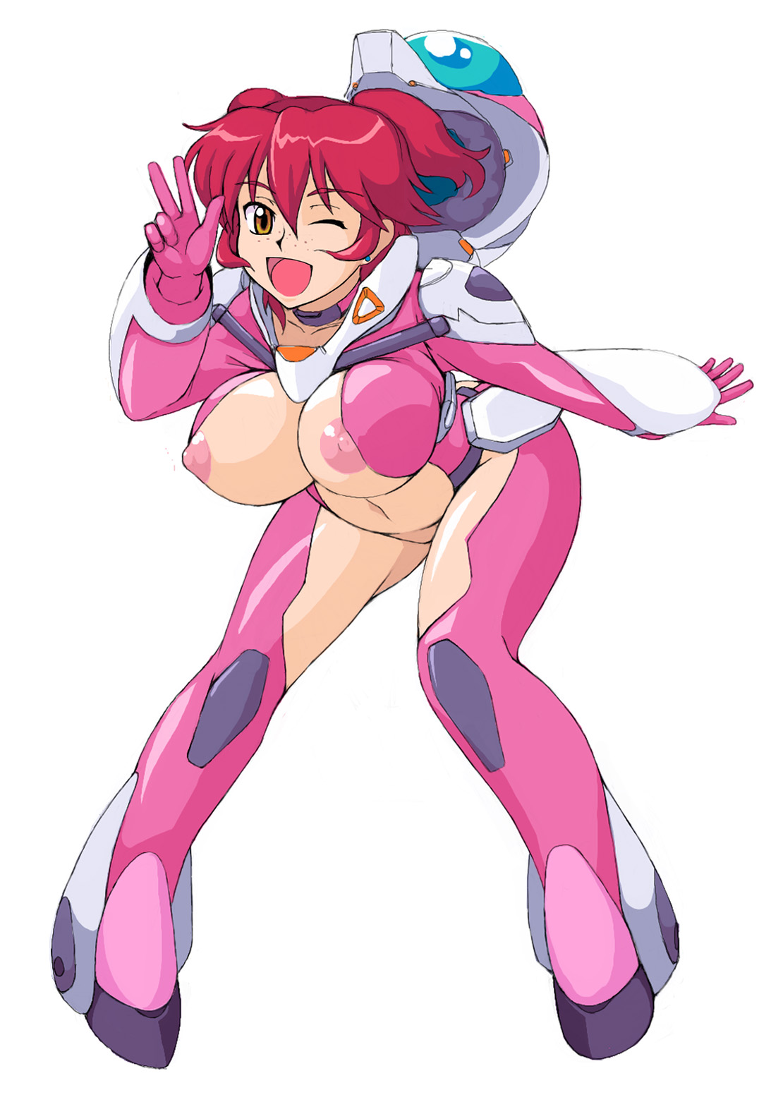 muimui, nena trinity, gundam, gundam 00, highres, 00s, 1girl, bent over, bodysuit, breasts, brown eyes, center opening, female focus, freckles, gloves, helmet, large breasts, nipple slip, nipples, no panties, one eye closed, open mouth, pink gloves, pink thighhighs, pregnant, red hair, revealing clothes, simple background, skin tight, smile, solo, thighhighs, two side up, v, wink