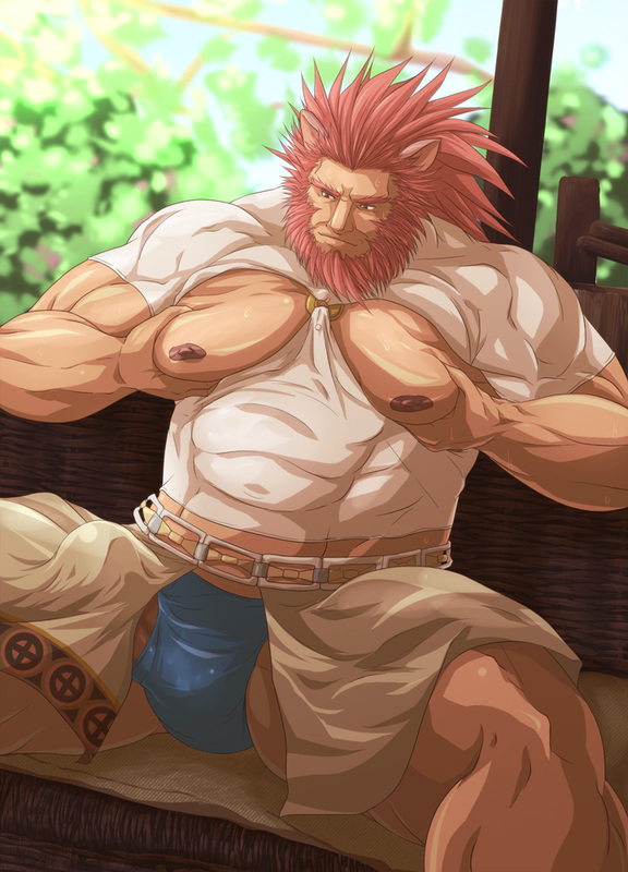 nisetetsuo, caineghis (fire emblem), fire emblem, fire emblem: path of radiance, nintendo, commentary request, large variant set, variant set, 1boy, animal ears, bara, bare pectorals, beard, blue male underwear, bulge, closed mouth, clothing cutout, covered penis, erection, erection under clothes, facial hair, large pectorals, male focus, male underwear, muscular, muscular male, nipples, pectorals, red hair, sitting, solo, underwear