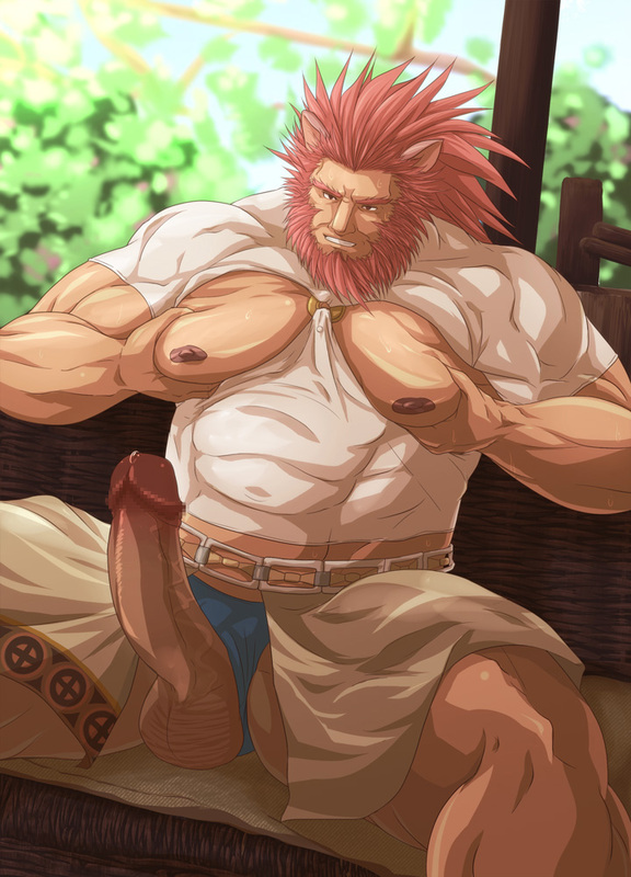 nisetetsuo, caineghis (fire emblem), fire emblem, fire emblem: path of radiance, nintendo, commentary request, large variant set, variant set, 1boy, animal ears, bara, bare pectorals, beard, blue male underwear, censored, clothing aside, clothing cutout, erection, facial hair, large pectorals, large penis, male focus, male underwear, male underwear aside, mosaic censoring, muscular, muscular male, nipples, pectorals, penis, penis out, pointless censoring, red hair, sitting, solo, testicles, underwear
