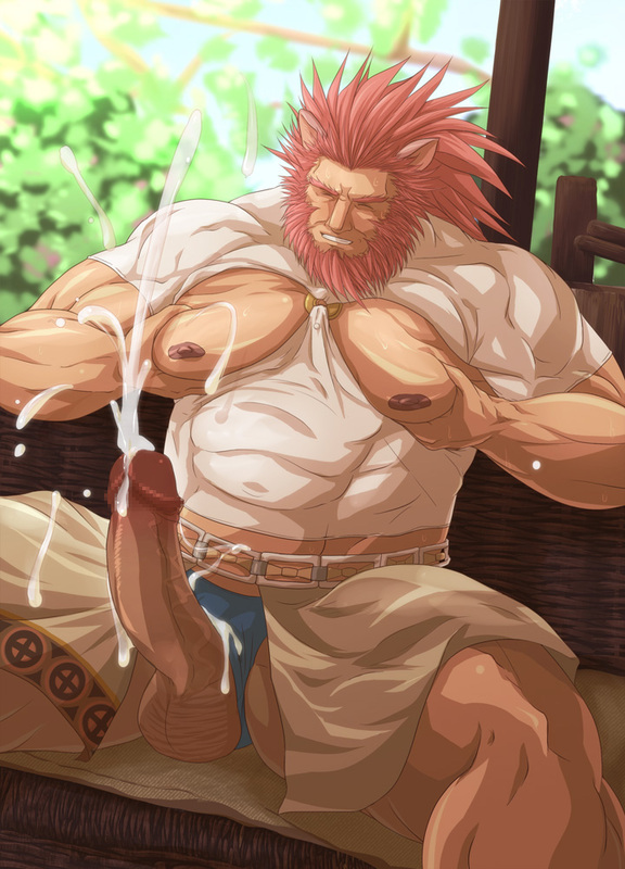 nisetetsuo, caineghis (fire emblem), fire emblem, fire emblem: path of radiance, nintendo, commentary request, large variant set, variant set, 1boy, animal ears, bara, bare pectorals, beard, blue male underwear, censored, closed eyes, clothing aside, clothing cutout, cum, ejaculation, erection, facial hair, handsfree ejaculation, large pectorals, large penis, male focus, male underwear, male underwear aside, mosaic censoring, muscular, muscular male, nipples, pectorals, penis, penis out, pointless censoring, red hair, sitting, solo, testicles, underwear