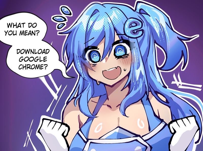 merryweather, osiimi, internet explorer (merryweather), internet explorer, internet explorer (webcomic), commentary, english commentary, 1girl, @ @, bare shoulders, blue dress, blue eyes, blue hair, blush, breasts, cleavage, clenched hands, collarbone, double-parted bangs, dress, elbow gloves, english text, fang, flying sweatdrops, gloves, hair between eyes, hair ornament, hands up, large breasts, logo, logo hair ornament, long hair, looking at viewer, one side up, open mouth, personification, purple background, ring light reflection, skin fang, sleeveless, sleeveless dress, smile, solo, speech bubble, sweat, talking, upper body, white gloves