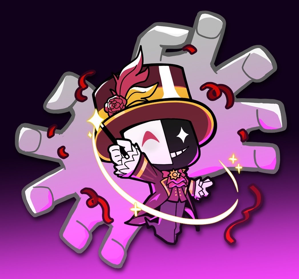 ryoko6318, roblox, commentary, symbol-only commentary, 1boy, :d, arm up, ascot, black background, black mask, black pants, black shoes, brown coat, brown hat, chibi, chibi only, coat, dj booth (masquerade) (tower defense simulator), dj booth (tower defense simulator), flower, frilled sleeves, frills, full body, gloves, gradient background, grin, hat, hat feather, hat flower, holding, holding wand, long sleeves, looking at viewer, magician, male focus, mask, official alternate costume, open mouth, pants, pink background, red ascot, red flower, red ribbon, red rose, red vest, ribbon, rose, shoes, simple background, smile, solo, sparkle, standing, top hat, tower defense simulator, two-tone background, vest, wand, white gloves, white mask