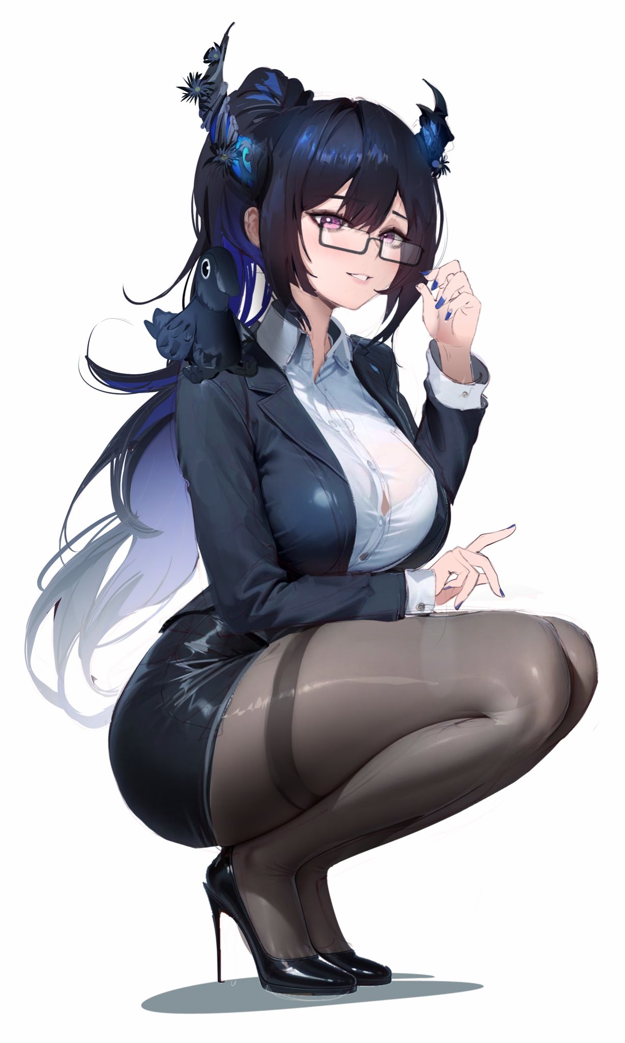 kuwae g, jailbird (nerissa ravencroft), nerissa ravencroft, hololive, hololive english, highres, 1girl, animal, animal on shoulder, asymmetrical horns, bird, bird on shoulder, black-framed eyewear, black hair, black jacket, black skirt, blue hair, blue nails, blush, breasts, cleavage, collared shirt, colored inner hair, crystal horns, demon horns, glasses, hair ornament, high heels, horns, jacket, large breasts, long hair, long sleeves, looking at viewer, mole, mole under eye, multicolored hair, office lady, open clothes, open jacket, pantyhose, pencil skirt, red eyes, semi-rimless eyewear, shirt, shoes, skirt, smile, solo, two-tone hair, under-rim eyewear, uneven horns, very long hair, virtual youtuber, white shirt