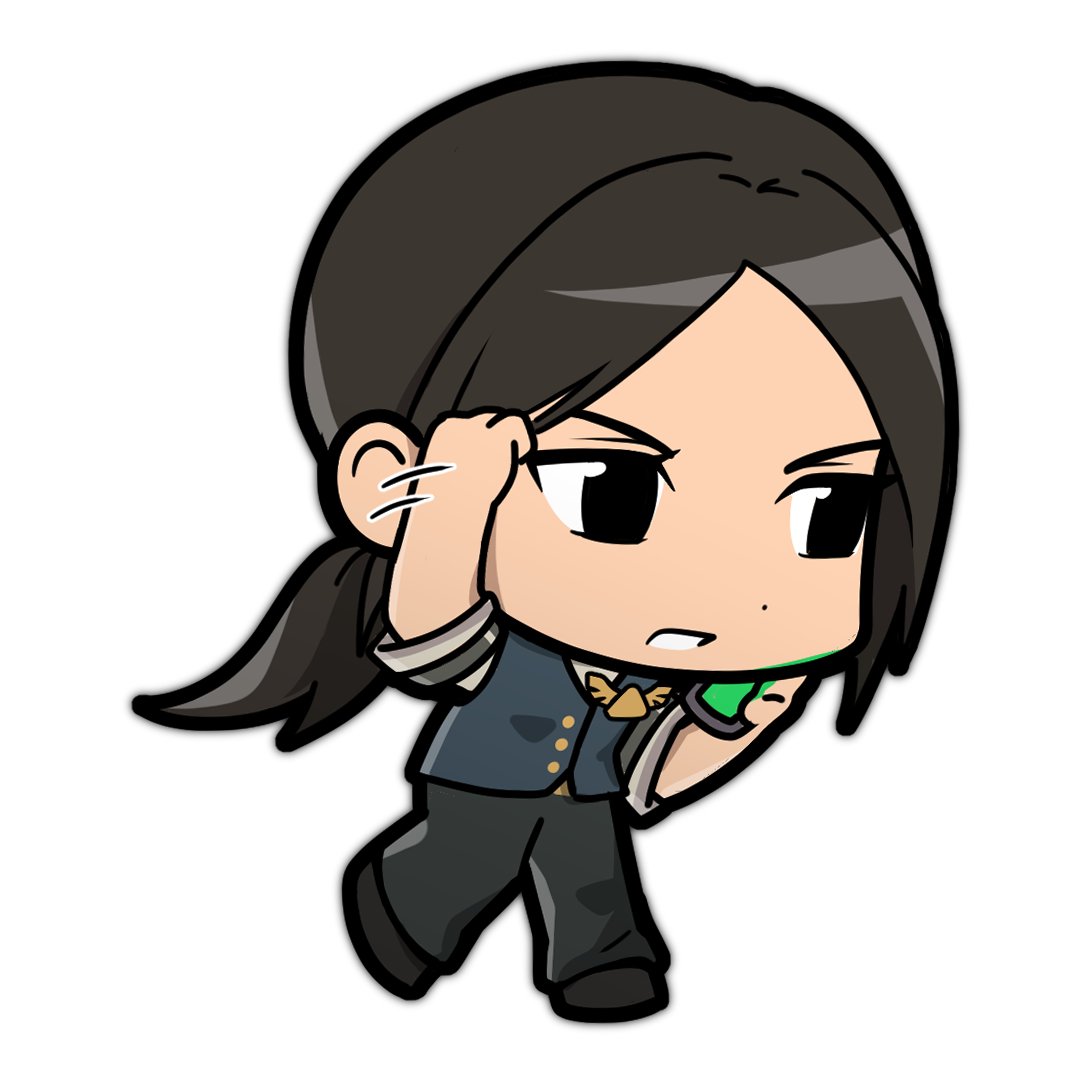 ryoko6318, roblox, 1girl, bare arms, black eyes, black hair, black shoes, blue vest, buttons, chibi, chibi only, clenched teeth, dispatcher (tower defense simulator), dot nose, full body, grey shirt, hands up, holding, holding walkie-talkie, long hair, looking ahead, low ponytail, no pupils, parted bangs, ponytail, shirt, shoes, short sleeves, simple background, solo, standing, standing on one leg, teeth, tower defense simulator, v-shaped eyebrows, vest, walkie-talkie, white background