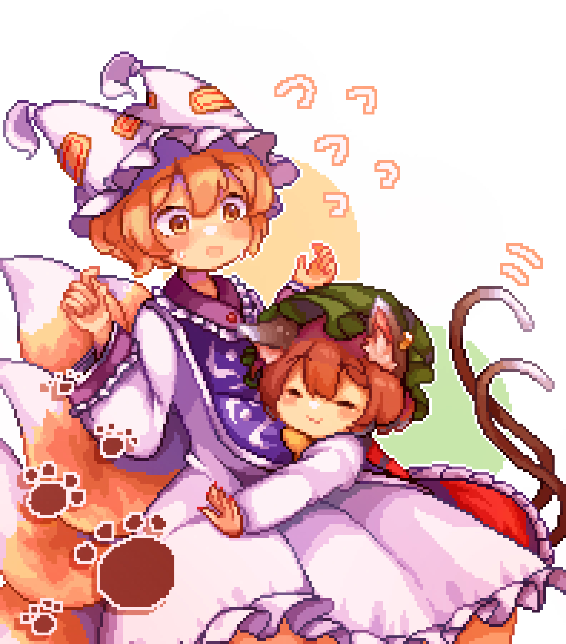omochinegi, chen, yakumo ran, touhou, commentary, highres, 2girls, :3, ^ ^, animal ear fluff, animal ear headwear, animal ears, blonde hair, blue tabard, blush, brown hair, cat ears, cat girl, cat tail, closed eyes, dress, fake animal ears, flying sweatdrops, fox girl, fox tail, frilled hat, frills, green hat, hat, kitsune, leaning on person, long sleeves, looking at another, mob cap, multiple girls, multiple tails, paw print, pixel art, short hair, smile, sweatdrop, tabard, tail, tail under clothes, two tails, white dress, white hat, yuri