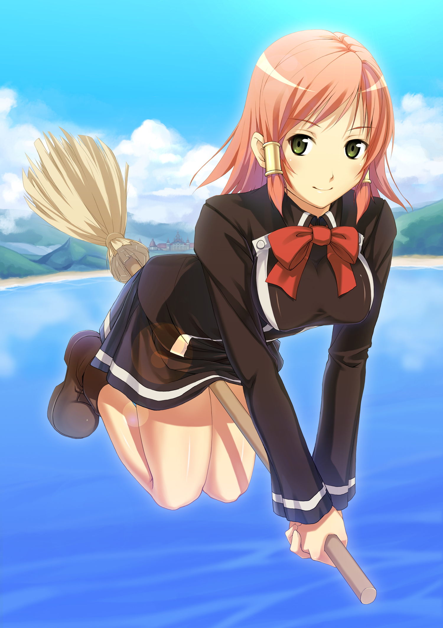 mj, ruquia, quiz magic academy, highres, broom, broom riding, green eyes, red hair, school uniform, smile, solo