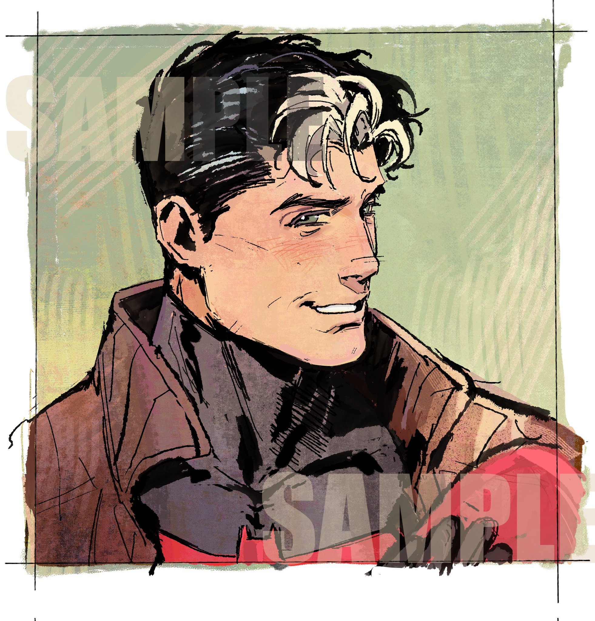 afra816, jason todd, red hood (dc), batman (series), dc comics, highres, 1boy, bat signal, batman symbol, black bodysuit, black gloves, black hair, bodysuit, brown jacket, gloves, green eyes, grey bodysuit, holding, jacket, male focus, mask, multicolored bodysuit, muscular, muscular male, open clothes, red hood and the outlaws, red mask, sample watermark, short hair, superhero costume, taut bodysuit, two-tone bodysuit, watermark