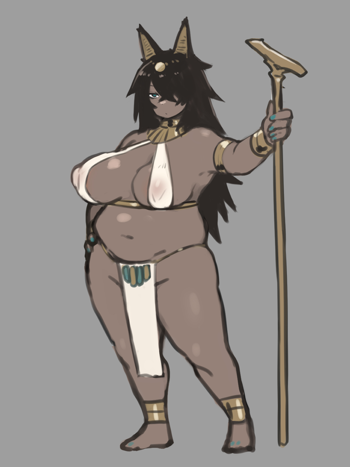 siva-siva, original, highres, 1girl, ancient egyptian, ancient egyptian clothes, animal ears, belly, black hair, breast curtains, breasts, dark-skinned female, dark skin, dog ears, fat, green eyes, grey background, hair over one eye, hands on own hips, holding, holding staff, jewelry, large breasts, long hair, messy hair, navel, pelvic curtain, simple background, staff