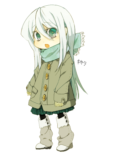 chikori, kisara (yu-gi-oh!), yu-gi-oh!, yu-gi-oh! duel monsters, silver hair, bad id, bad pixiv id, lowres, 1girl, black pantyhose, blush, chibi, coat, female focus, green eyes, leggings, long hair, pantyhose, scarf, solo