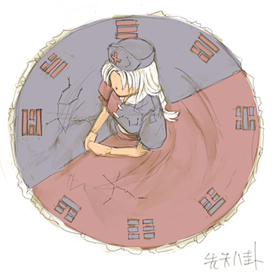 cervus, yagokoro eirin, touhou, silver hair, lowres, 1girl, blue hat, circle, female focus, from above, hat, long hair, solo