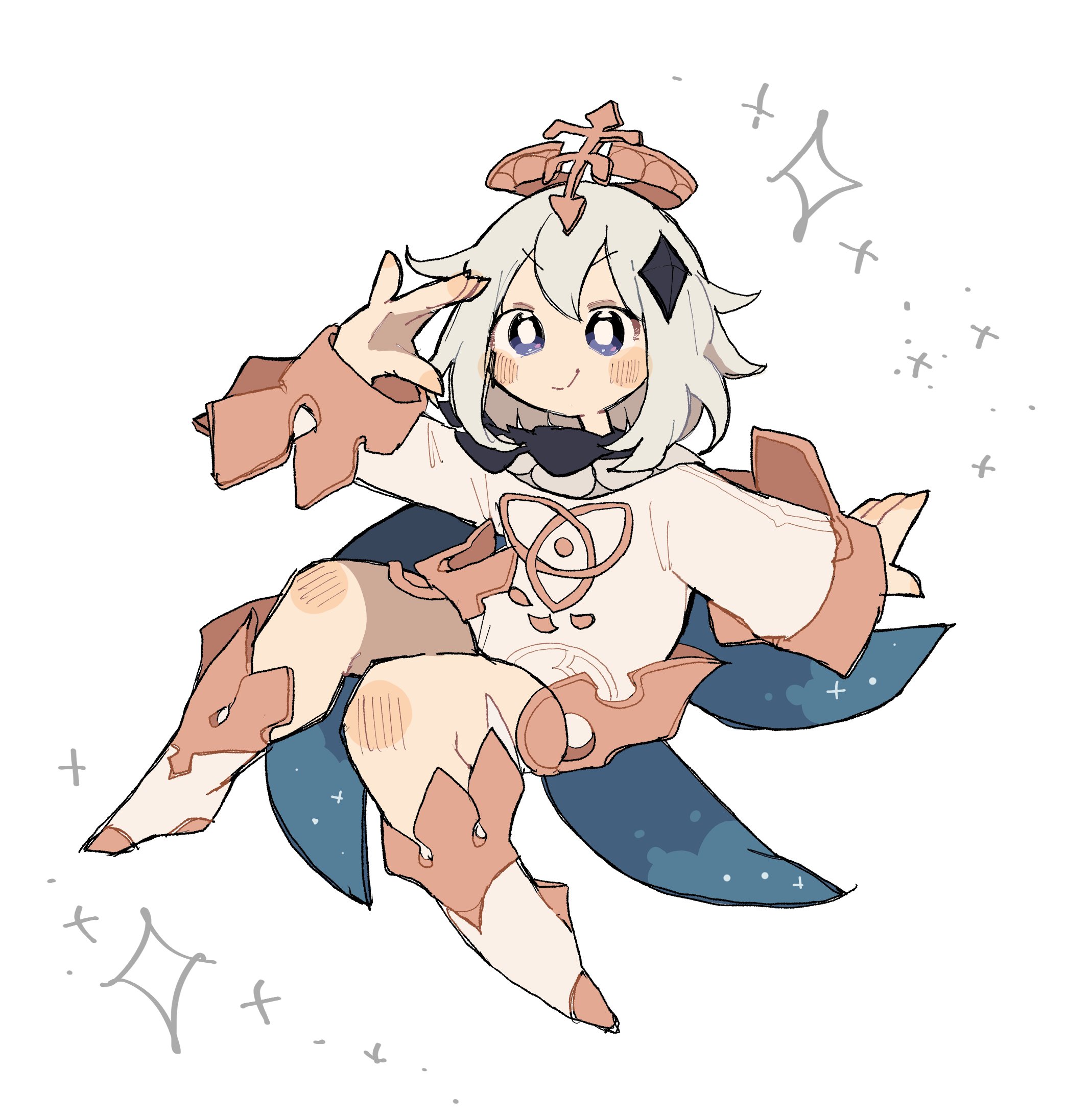 surapuni 5, paimon (genshin impact), genshin impact, mihoyo, highres, 1girl, black scarf, blue cape, blush, bright pupils, cape, closed mouth, diamond hair ornament, double-parted bangs, floating, full body, hair between eyes, hair ornament, halo, hand up, looking at viewer, mechanical halo, medium hair, no nose, purple eyes, romper, salute, scarf, shoes, sidelocks, simple background, smile, solo, star (symbol), v-shaped eyebrows, white background, white hair, white pupils, white romper, white shoes