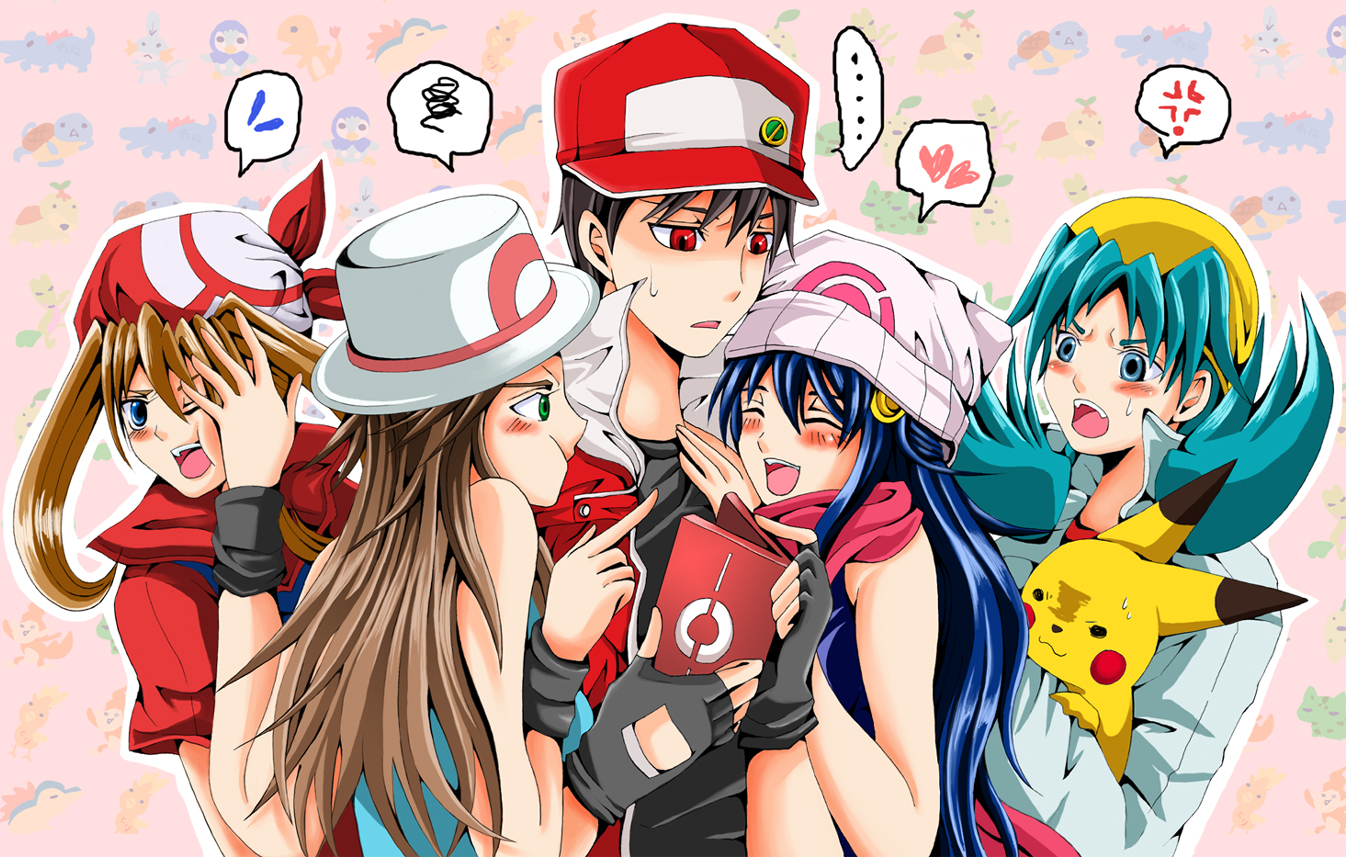 sakura3914, dawn (pokemon), kris (pokemon), leaf (pokemon), may (pokemon), pikachu, pixiv red, red (pokemon), nintendo, pokemon, pokemon dppt, pokemon frlg, pokemon gsc, pokemon rgby, pokemon rse, …, 00s, 1990s (style), 1boy, 4girls, anger vein, angry, bandana, baseball cap, beanie, black hair, blue eyes, blue hair, blush, brown hair, completely unamused, gen 1 pokemon, girl sandwich, green eyes, harem, hat, heart, jealous, multiple girls, pimp, pokedex, pokemon (creature), porkpie hat, red eyes, retro artstyle, sandwiched, shaded face, speech bubble, spoken anger vein, spoken ellipsis, spoken heart, spoken squiggle, spoken sweatdrop, squiggle, sweatdrop, twintails, unamused