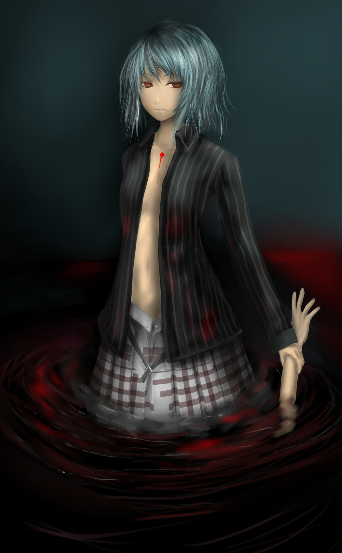 clavis, remilia scarlet, touhou, bad id, bad pixiv id, highres, 1girl, alternate costume, belt, blood, blue hair, contemporary, female focus, gradient background, injury, open belt, partially submerged, red eyes, severed arm, severed limb, short hair, solo, standing, water