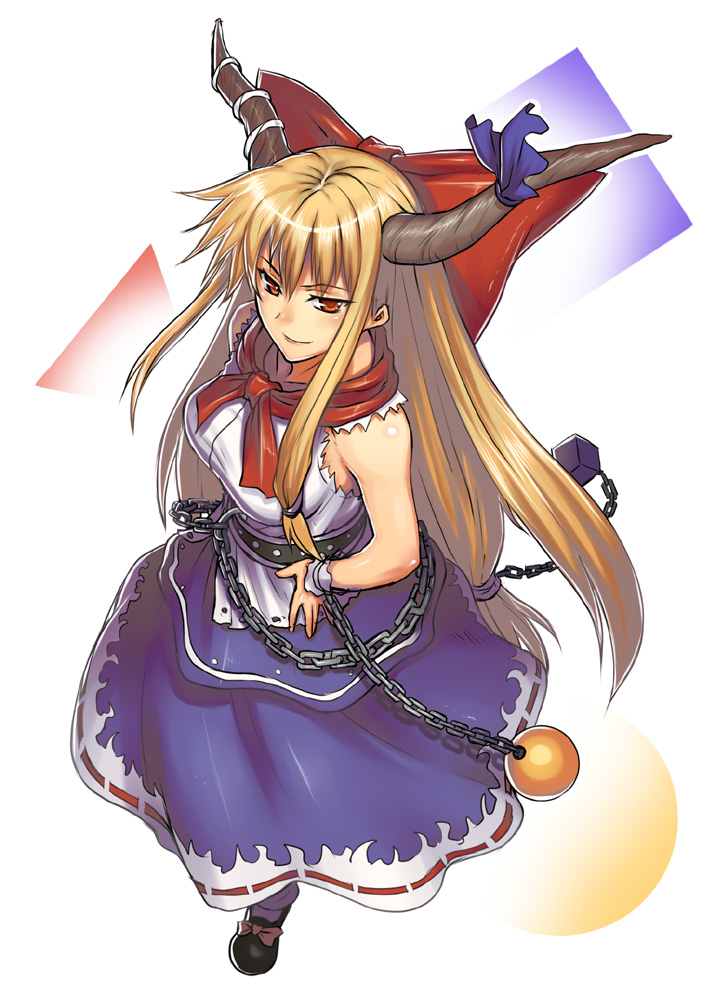 jony (avion mura), ibuki suika, touhou, 1girl, aged up, blonde hair, bow, breasts, chain, dress, female focus, from above, full body, hair bow, horns, long hair, looking up, red eyes, solo, white background