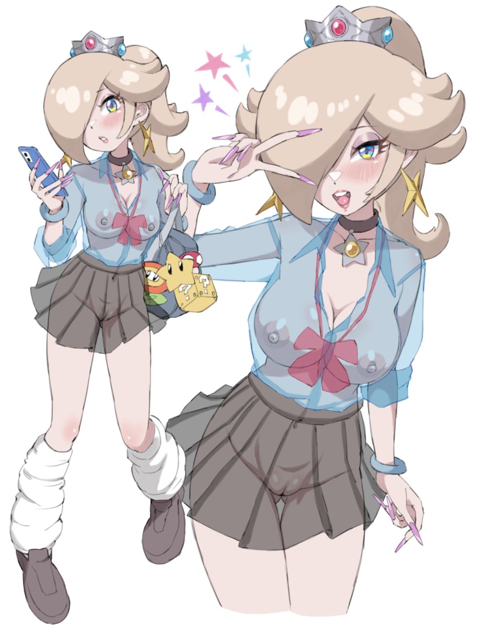 toggy keiichi, rosalina, mario (series), nintendo, highres, 1girl, blonde hair, blue eyes, choker, crown, fingernails, hair over one eye, long fingernails, multiple views, nude, open mouth, pendant choker, ponytail, see-through clothes, v
