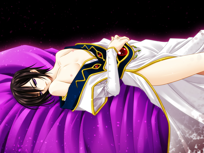yorushin, lelouch vi britannia, code geass, bad id, bad pixiv id, 00s, 1boy, androgynous, black hair, long sleeves, male focus, purple eyes, solo, thighs, undressing