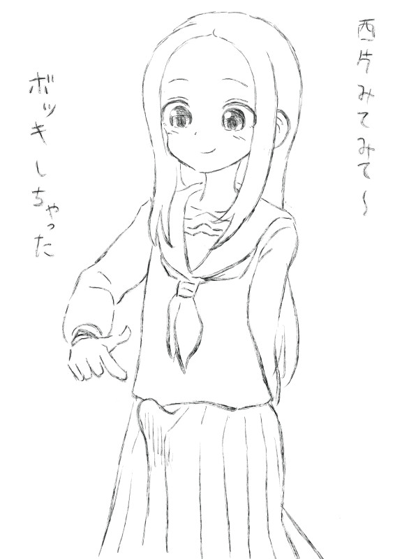 setsuden, takagi-san, karakai jouzu no takagi-san, translated, 1girl, bulge, japanese text, long hair, monochrome, pointing, pointing at self, school uniform, serafuku, sketch, skirt, smile, solo