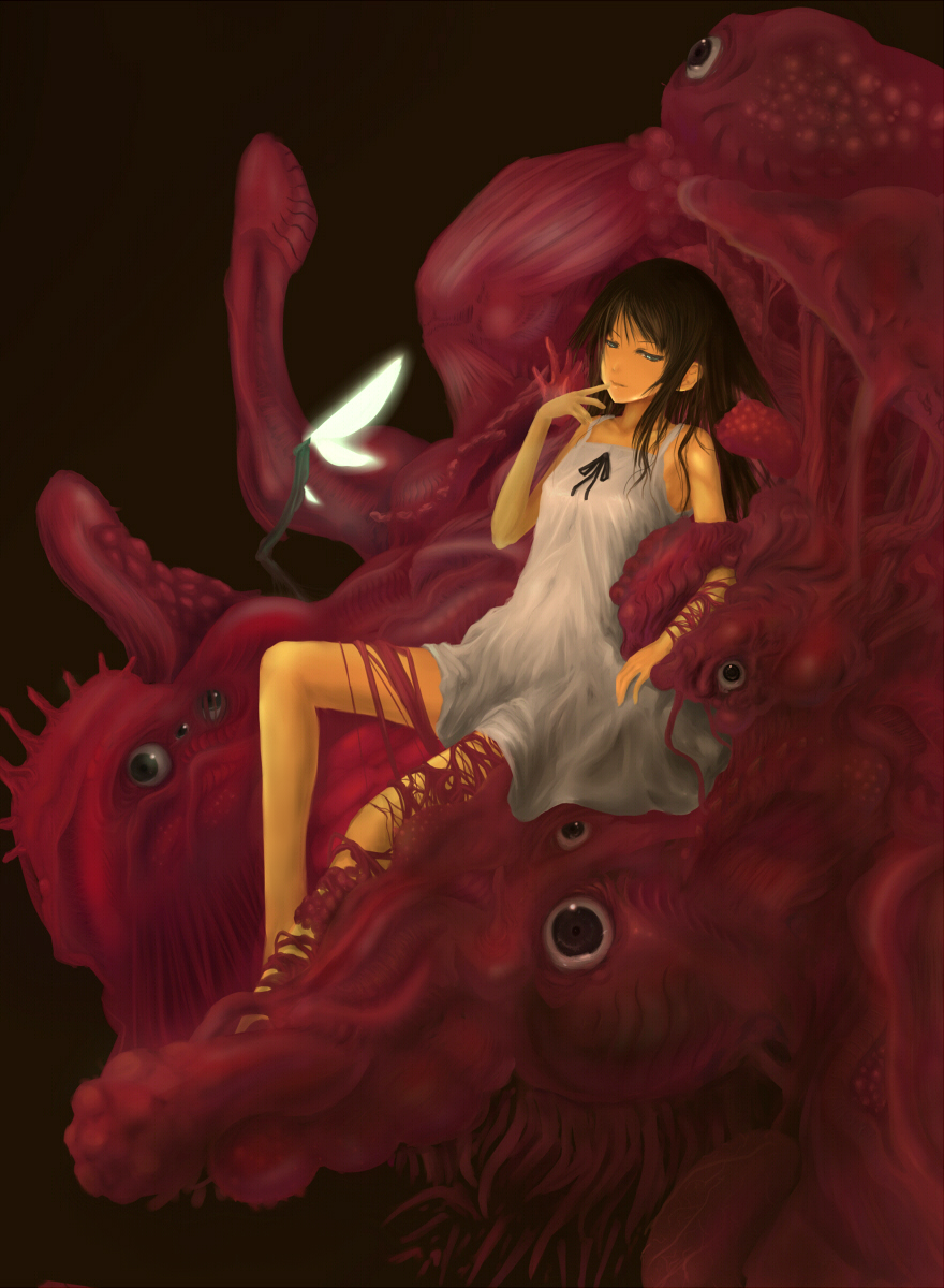 clavis, saya (saya no uta), saya no uta, vocaloid, world is mine (vocaloid), highres, 1girl, black hair, dress, female focus, green eyes, green hair, guro, long hair, lying, matching hair/eyes, monster girl, on back, parody, solo, sundress