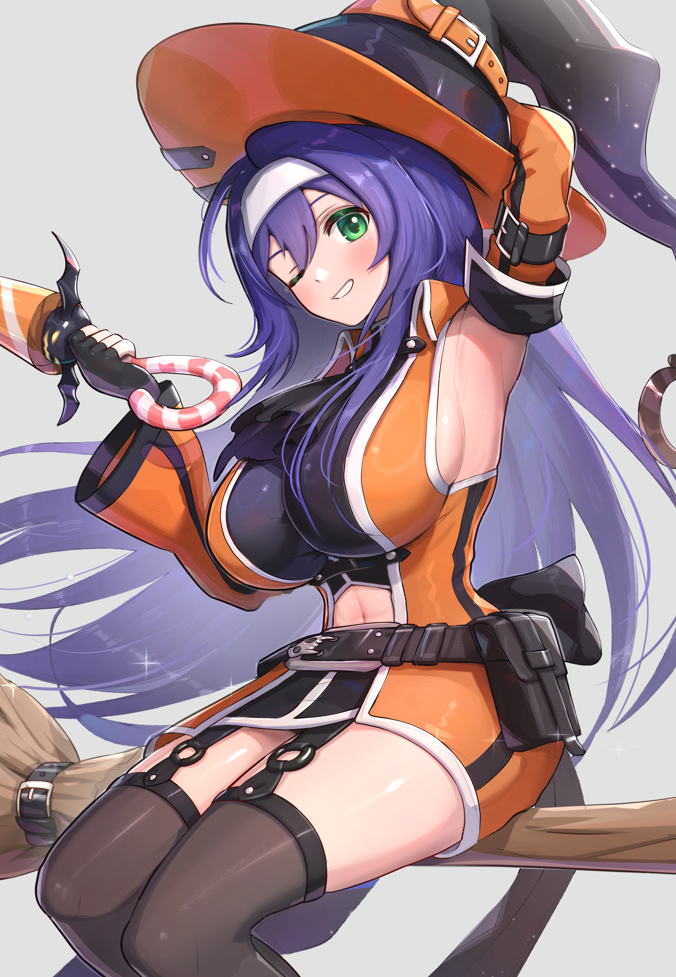 gonzarez, mia (fire emblem), mia (halloween) (fire emblem), fire emblem, fire emblem: path of radiance, fire emblem heroes, nintendo, absurdres, highres, 1girl, ;d, armpits, black gloves, breasts, broom, broom riding, clothing cutout, detached sleeves, fingerless gloves, garter straps, gloves, green eyes, grin, hair between eyes, halloween, halloween costume, hat, large breasts, long hair, looking at viewer, midriff peek, navel, navel cutout, official alternate costume, one eye closed, open mouth, purple hair, sideboob, simple background, smile, solo, sword, thighhighs, very long hair, weapon, white background, witch, witch hat