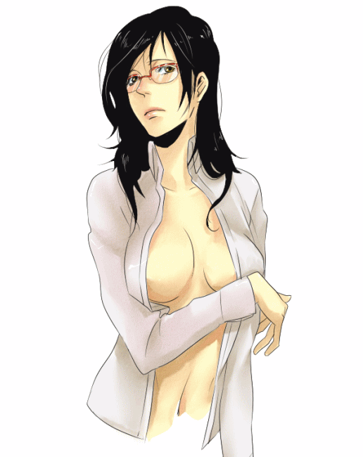 aarue, original, bad id, bad pixiv id, black hair, blush, breasts, brown eyes, cleavage, dress shirt, glasses, large breasts, open clothes, open shirt, shirt, solo