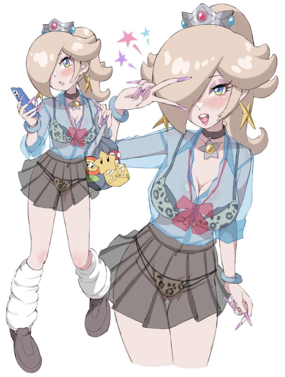 toggy keiichi, rosalina, mario (series), nintendo, highres, 1girl, animal print, bag, blonde hair, blue eyes, blush, bra, brown shoes, choker, crown, earrings, fingernails, hair over one eye, half-closed eyes, holding, holding phone, jewelry, leg warmers, leopard print, leopard print bra, leopard print panties, long fingernails, multiple views, open mouth, panties, pendant choker, phone, ponytail, print bra, print panties, see-through clothes, shirt, shoes, shoulder bag, skirt, star (symbol), star earrings, underwear, v