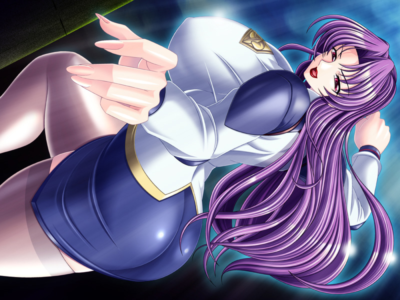 bursting breasted police, uniform, game cg, 1girl, breasts, female focus, gigantic breasts, huge breasts, lipstick, long hair, makeup, police, purple hair, solo, thighhighs
