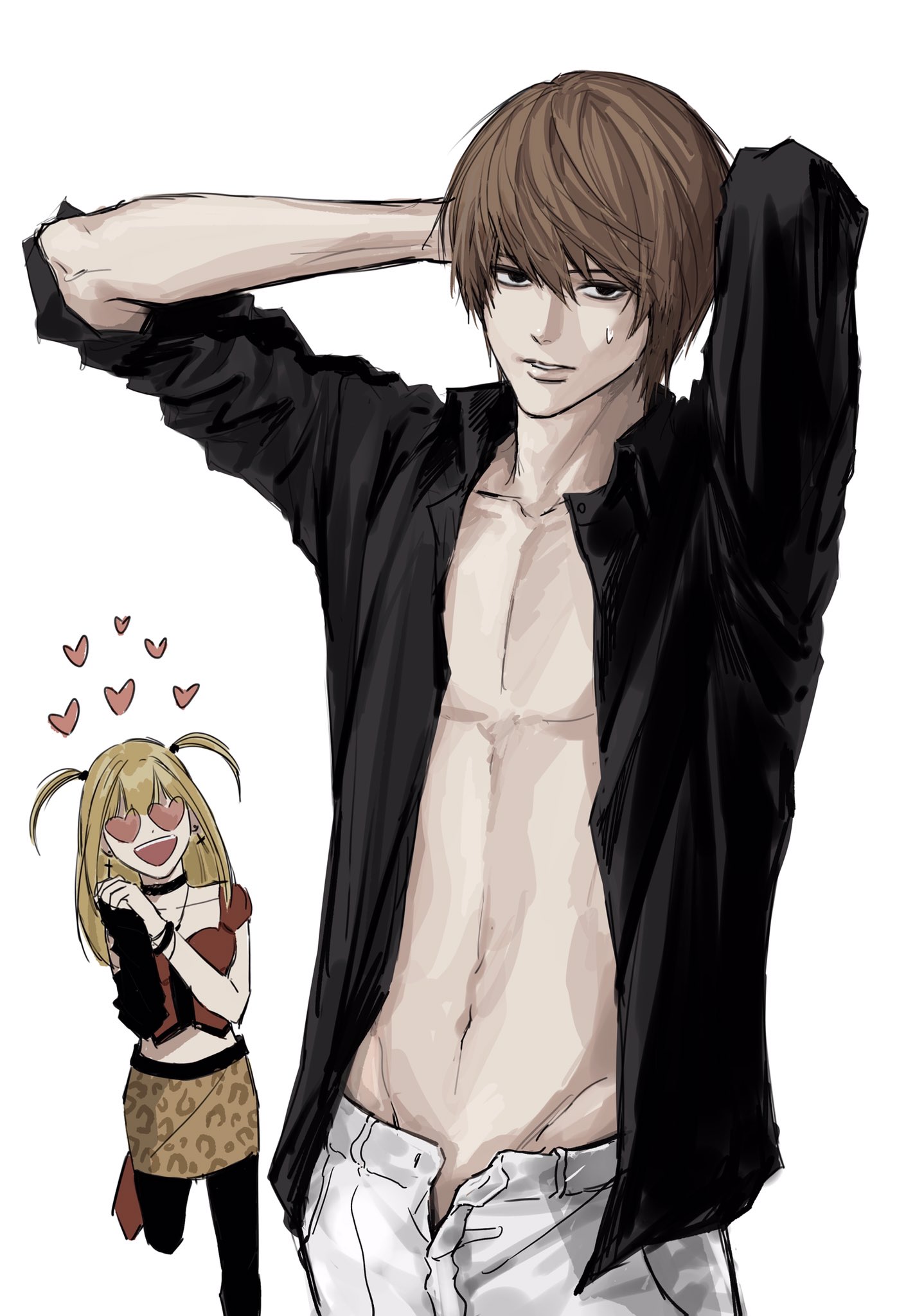 sso s, amane misa, yagami light, death note, commentary request, highres, korean commentary, 1boy, 1girl, arms behind head, arms up, black eyes, black shirt, brown hair, collared shirt, cowboy shot, heart, long hair, looking at another, looking at viewer, male focus, navel, open clothes, open fly, open shirt, pants, parted lips, shirt, short hair, simple background, sleeves pushed up, sweatdrop, teeth, white background, white pants