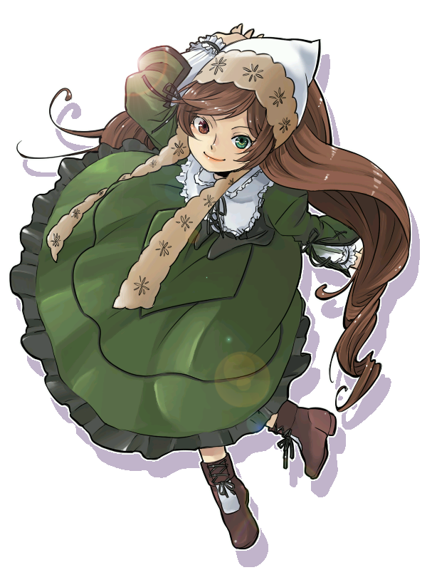 aarue, suiseiseki, rozen maiden, bad id, bad pixiv id, 00s, ankle boots, boots, brown hair, dress, frills, headscarf, heterochromia, lipstick, long hair, looking up, makeup, shawl, smile, solo, sunlight, very long hair, white headscarf