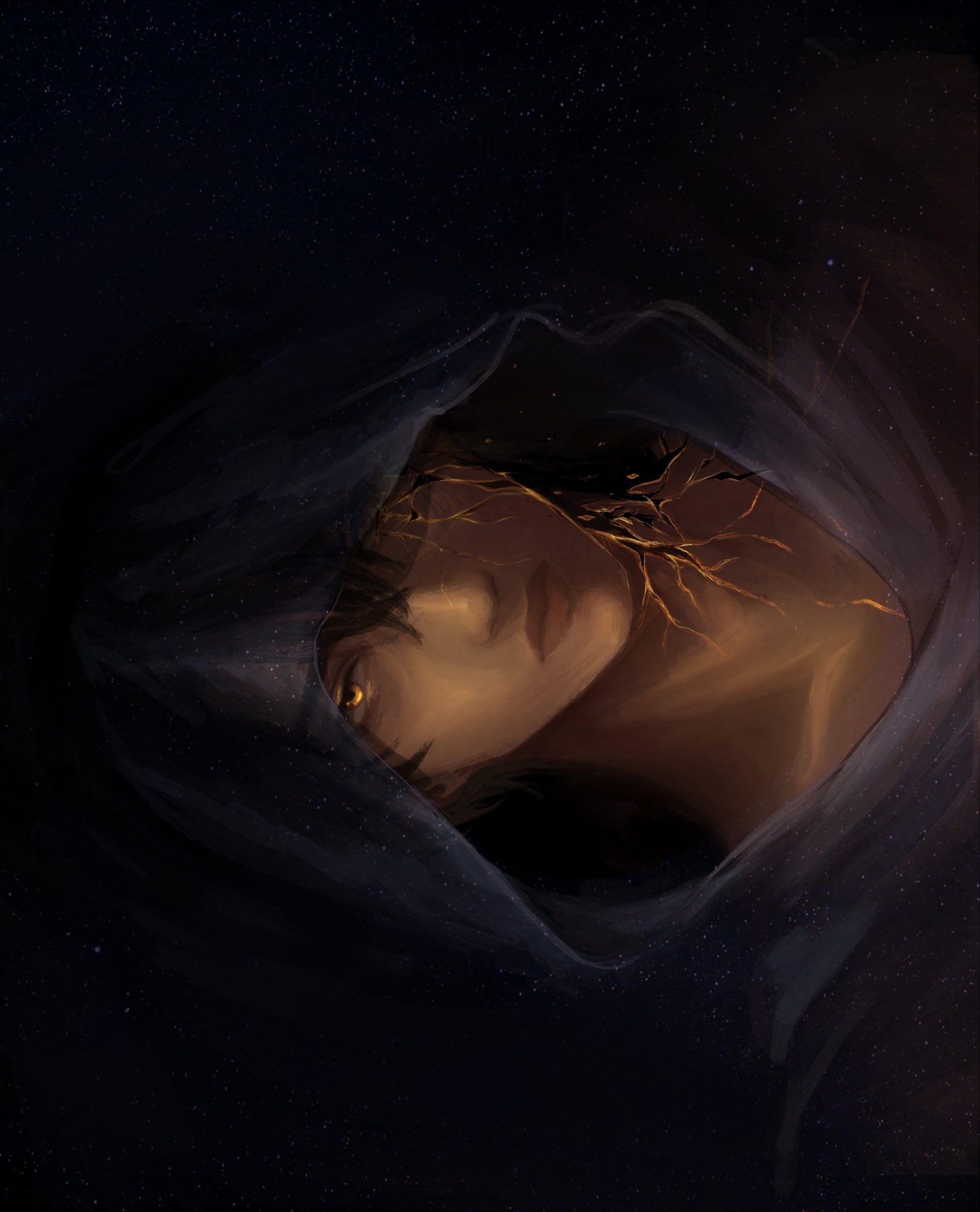 secretive plotter, yoo joonghyuk, omniscient reader's viewpoint, commentary, english commentary, highres, 1boy, 9158mimo, cloak, colored veins, cracked skin, dim lighting, expressionless, glowing, hood, hood up, hooded cloak, light particles, looking at viewer, male focus, one eye covered, portrait, sideways, solo, yellow eyes