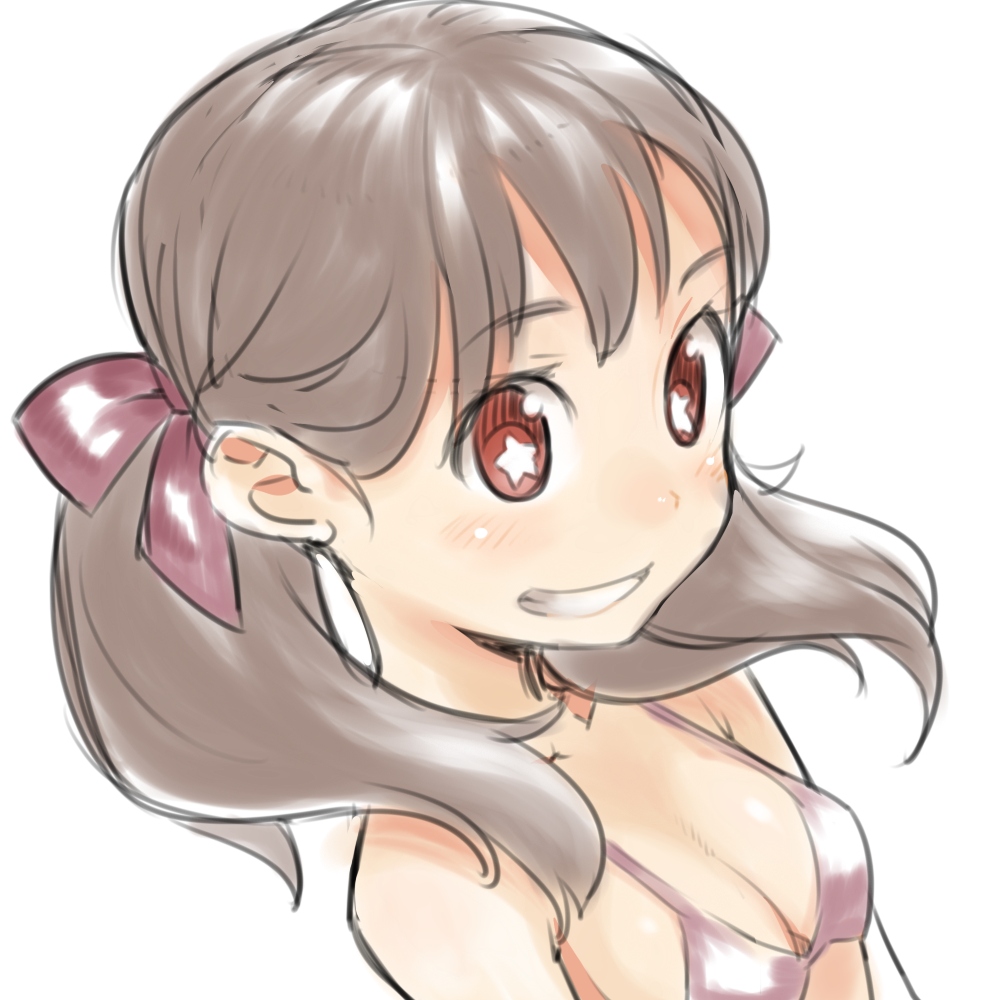 poporon, character request, + +, 1girl, bikini, bow, brown hair, female focus, grin, hair bow, red eyes, smile, solo, star (symbol), swimsuit, twintails