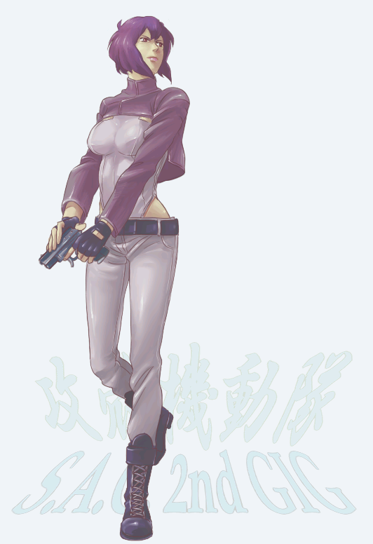 aarue, kusanagi motoko, ghost in the shell, ghost in the shell: stand alone complex, bad id, bad pixiv id, 00s, 1girl, belt, boots, breasts, female focus, fingerless gloves, full body, gloves, gun, lipstick, makeup, pants, purple hair, red eyes, short hair, solo, weapon