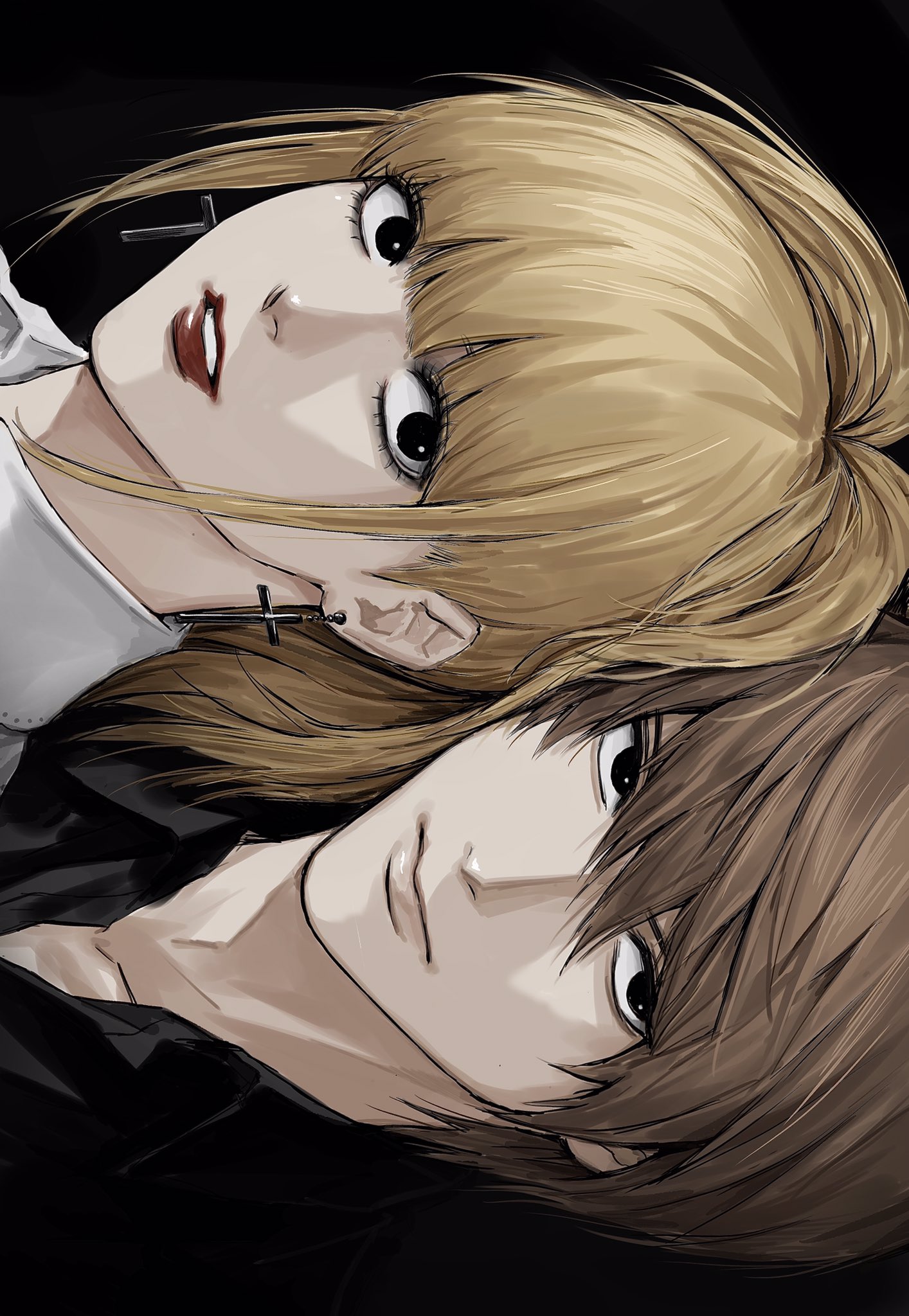 sso s, amane misa, yagami light, death note, highres, 1boy, 1girl, black background, black eyes, blonde hair, blunt bangs, brown hair, cross, cross earrings, earrings, hair between eyes, jewelry, lips, long hair, looking at viewer, red lips, short hair, sideways, simple background