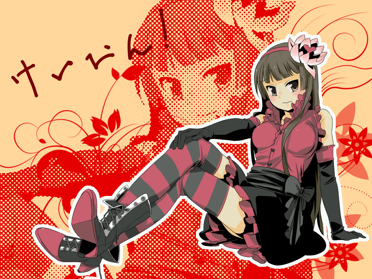 aarue, akiyama mio, k-on!, bad id, bad pixiv id, 00s, 1girl, arm support, black eyes, black hair, blouse, blunt bangs, blush, boots, crossed legs, elbow gloves, fashion, female focus, flower, frills, gathers, gloves, gothic lolita, hair flower, hair ornament, headband, heart, hime cut, japanese clothes, lolita fashion, punk lolita, ribbon, shirt, sitting, skirt, solo, striped clothes, striped thighhighs, thighhighs, wa lolita
